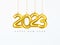 2023 Happy New Year Card. Design of Christmas Decorations Hanging on a Gold Chain Gold Number 2023. Happy New Year. Realistic 3d