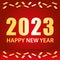 2023 Happy New Year greeting card. Red and gold vector illustration with confetti. Cinema inspiration style.