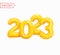2023 Happy New Year. Holiday Season Celebration Party 2023. Christmas decoration. Number 2023 in shiny plastic cartoon style