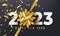 2023 Happy New Year vector background with golden gift bow, confetti, white numbers. Christmas celebrate design. Festive