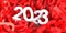 2023 Happy New Year white number against red random digits stack. Overhead view. 3d render