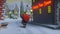 2023 Merry Christmas and Happy New Year 3d rendering. Santa Claus carries a bag with gifts. View of a small town or village on a