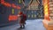 2023 Merry Christmas and Happy New Year 3d rendering. Santa Claus carries a bag with gifts. View of a small town or village on a