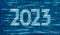 2023 New Year 3D on binary code program. Blue coding screen number illustration. Celebration decoration steel silver