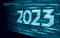 2023 New Year 3D on binary code program. Blue coding screen number illustration. Celebration decoration steel silver