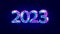 2023 New Year 3D metal ice texture. Glowing shape blue dark neon number illustration. Celebration decoration steel