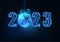 2023 New Year digital web banner template with futuristic glowing numbers and Earth globe on blue