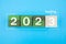 2023 New Year Loading. Loading bar with wooden blocks 2023 on blue background