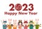 2023 New Year\\\'s card. Year of the Rabbit. Rabbit and the seven deities of good luck of Japan.