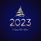 2023 New Year. Shiny golden 2023 with ribbon on blue background. New Year design for invitation, greeting card, calendar. Shiny