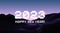 2023 New Year sign with glitched glowing pixels and calm violet landscape. Winter holiday and year change symbol.