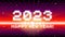 2023 New Year sign with glitched glowing pixels and red retro grid. Winter holiday and year change symbol.