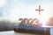 2023 new year sunrise, the cross of Jesus Christ and the Bible