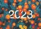 2023 New year white text hidden in orange and yellow marigold flowers