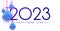 2023 sign with blue hanging baubles and snow