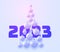 2023 sign with blue hanging baubles in triangle christmas tree shape