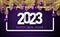 2023 sign in frame with golden fir and hanging purple baubles