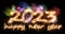 2023 sparkler number with colorful fireworks display on black background. happy new year eve dark celebration concept