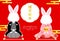 2023 Year of the Rabbit New Year greeting card, photo frame for face frame, kimono clad rabbit and Japanese pattern background