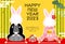 2023 Year of the Rabbit New Year`s card, photo frame for face frame, rabbit in kimono and pine, bamboo and plum