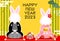 2023 Year of the Rabbit New Year`s card, photo frame for face frame, rabbit in kimono and pine, bamboo and plum