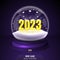 2023 yellow Snow globe on purple background. Merry Christmas and Happy New Year 2023. Realistic christmas snow globe with yellow