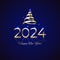 2024, 24 Happy New Year. Shiny golden 2024 with Christmas tree. New Year design for invitation, greeting card, calendar. Shiny