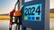 2024 on the display on the gas pump at the petrol station. Happy new years