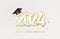 2024 Graduate college, high school or university cap with gold Congrats Class of 2024 background. Vector