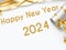 2024 Happy New Year Poster with golden and silver ribbon. New year 2024 concept