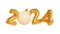 2024 inflatable golden balloon text with Christmas tree ball 3d render illustration.