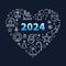 2024 Merry Christmas Heart creative poster or banner in thin line style. Vector 2024 New Year heart shaped illustration