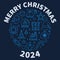 2024 Merry Christmas round thin line blue banner - vector Xmas illustration
