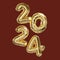 2024 New Year. 3D illustration of numbers 2024. red background, gold numerals