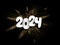 2024 New Year banner on gold glitter powder explosion. Golden color dust splash