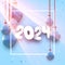 2024 New Year poster with white paper lettering on light blue morning background with Christmas balls and sun rays