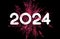 2024 New Year white paper word banner on colourful glitter powder explosion. Pink color dust splash