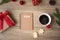 2024 notebook, black coffee cup, Christmas cookies and pen on wood table, Top view and copy space. Xmas, Happy New Year, Goals,