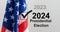 2024 presidential election year in United States as illustration template on blue background wall with reflection.