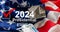 2024 presidential election year in United States as illustration template on blue background wall with reflection.