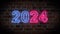 2024 Text neon light pink blue on brick wall background