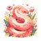 2025 A cartoon snake with a pink body and yellow head is surrounded by flowers. The snake is smiling and he is happy