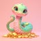 2025 cartoon snake is sitting on a pile of gold coins. The snake is smiling and he is happy. Concept of wealth and