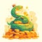 2025 cartoon snake is sitting on a pile of gold coins. The snake is wearing a crown and has a smile on its face. Concept