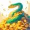2025 cartoon snake is sitting on a pile of gold coins. The snake is wearing a crown and has a smile on its face. Concept