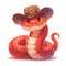 2025 A cartoon snake wearing a cowboy hat is sitting on its back. The hat is brown and has a star on it. The snake has a