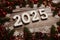 2025 Happy New Year and Christmas decoration on wooden background