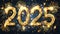 2025 new year greeting card with big golden numbers, dark background, fireworks, and golden bokeh