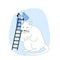2032 New Year Holidays Event Celebration. Happy Woman Stand on Ladder Decorate Huge White Mouse Put Festive Hat on Rat