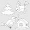 2056 winter, set of black and white line drawings, winter collection, house in the snow, Christmas tree and birds